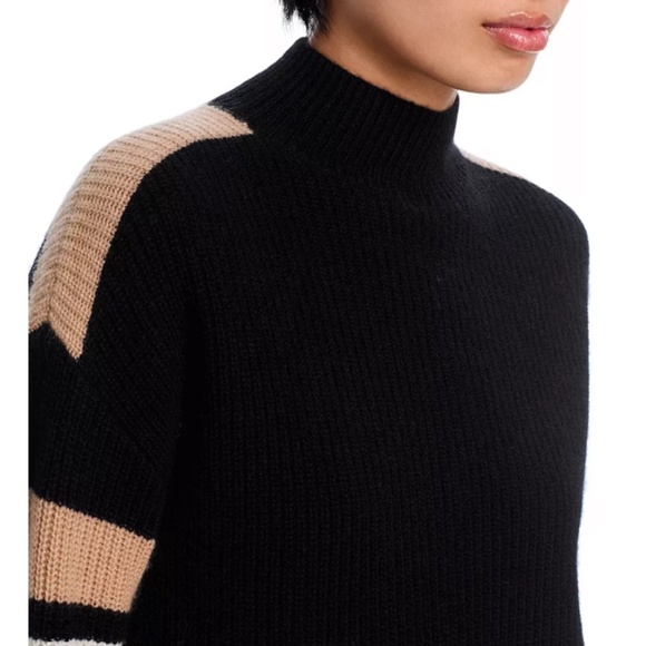 Luxurious 100% Cashmere Stripe Sleeve Mock Neck Sweater By Aqua in Black / Oatme - Picture 4 of 5